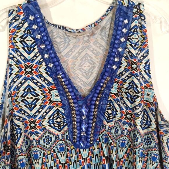 Vintage Sleeveless Blue Printed Rhinestone Beaded V Neck Shark Bite Boho Top 2X - Picture 4 of 5
